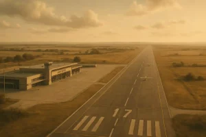 Vista panorámica del Aeropuerto de Córdoba, pista de aterrizaje vacía al atardecer con tono cálido y nostálgico