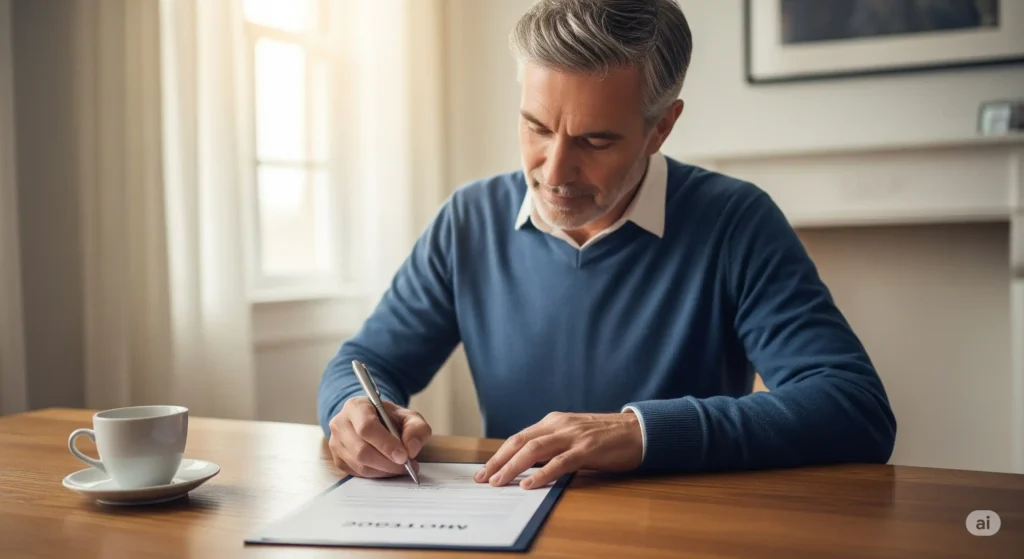 Hombre sonriendo mientras firma una hipoteca, simbolizando un nuevo comienzo y estabilidad financiera tras un divorcio.