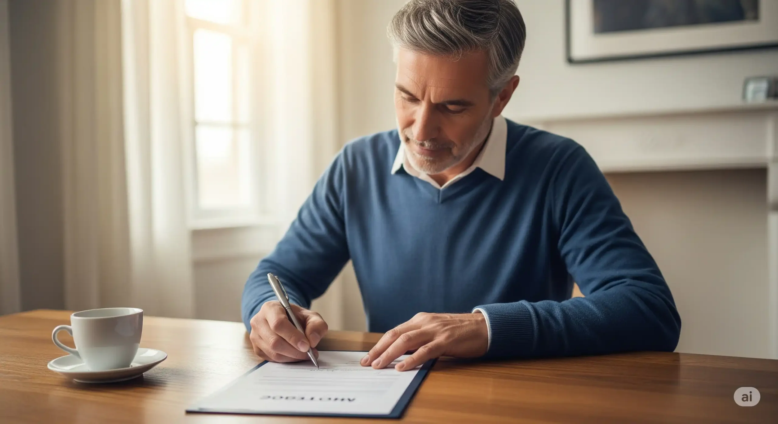 Nuevo Comienzo Hipotecario Tras Divorcio Hombre sonriendo mientras firma una hipoteca, simbolizando un nuevo comienzo y estabilidad financiera tras un divorcio.