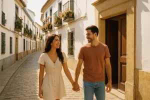 Pareja joven y sonriente caminando de la mano por una calle luminosa de Córdoba, frente a la puerta de una notaría