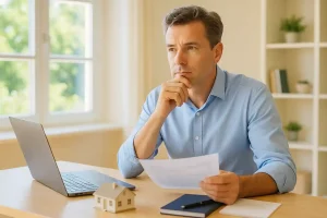Hombre de mediana edad analizando documentos financieros en oficina luminosa, con maqueta de casa sobre la mesa