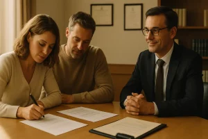 Pareja extranjera firmando una compraventa de vivienda en presencia de un notario español