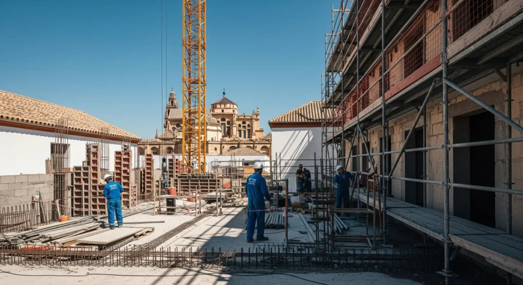 Imagen de una obra de edificio residencial moderno en Córdoba, España, con andamios y el perfil de la Mezquita al fondo, representando la construcción de vivienda nueva