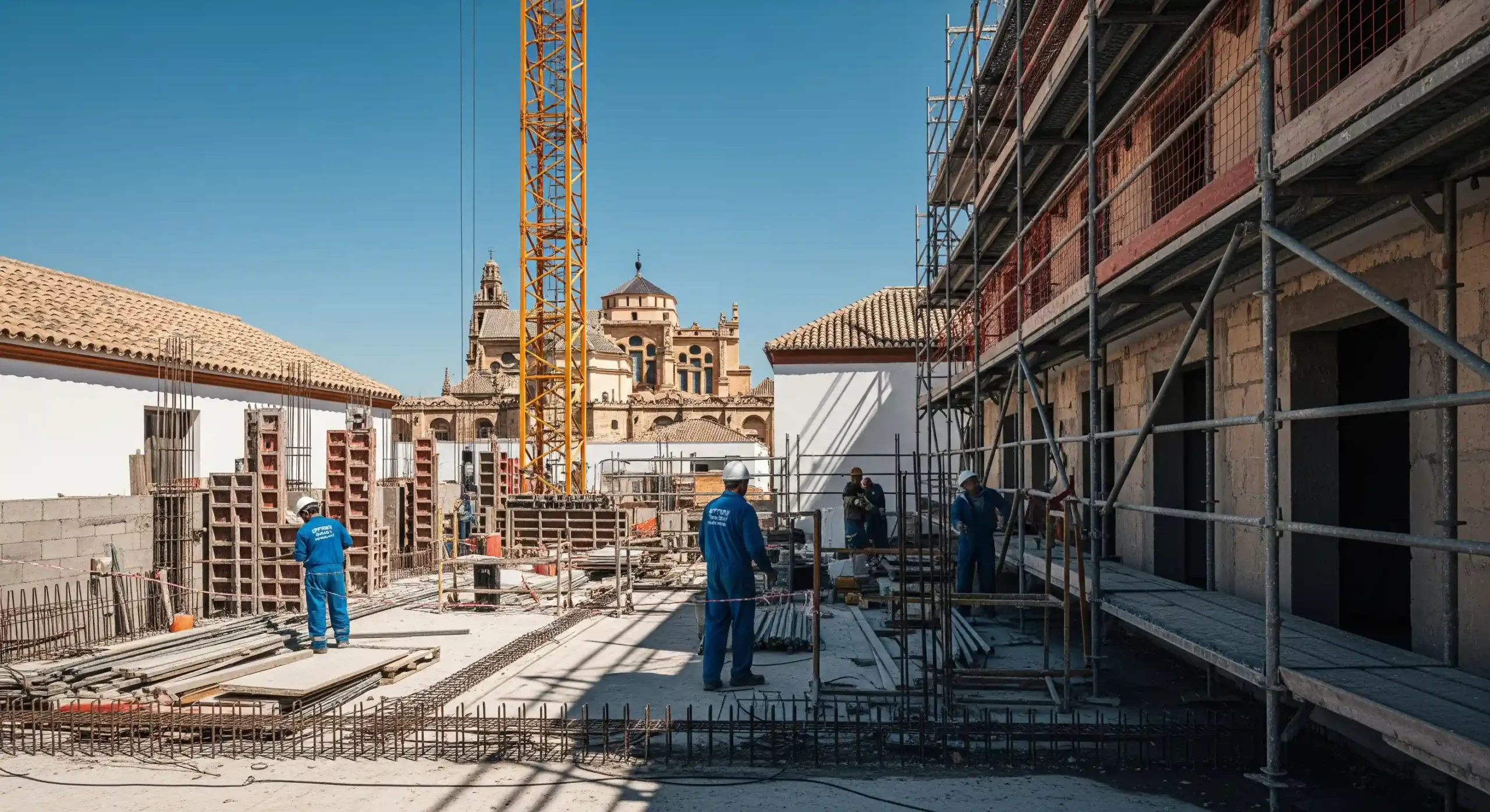 Construcción de Vivienda Nueva en Córdoba - Fénix Capital Imagen hiperrealista de una obra de edificio residencial moderno en Córdoba, España, con andamios y el perfil de la Mezquita al fondo, representando la construcción de vivienda nueva.