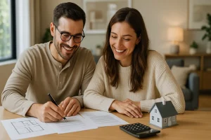 Una pareja sonriente sentada en una mesa, donde el hombre está firmando unos documentos mientras la mujer mira con atención. Hay un modelo de casa pequeña y una calculadora sobre la mesa, sugiriendo la compra de una propiedad o trámites financieros en el actual mercado inmobiliario de 2025.