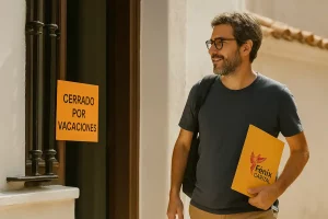 Funcionario sonriente en Córdoba con carpeta de Fénix Capital junto a cartel de “Cerrado por vacaciones”