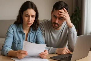 Pareja preocupada revisando intereses moratorios en su contrato financiero