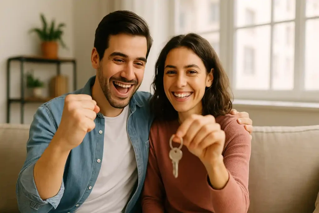 Pareja joven sonriente revisando planos para comprar su primera vivienda como inversión