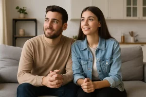 Pareja joven sonriente sentada en su salón, representando a quienes compran casa sin ahorros