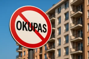 Señal de tráfico circular con la palabra OKUPAS cruzada por una línea roja, situada frente a un edificio moderno de viviendas