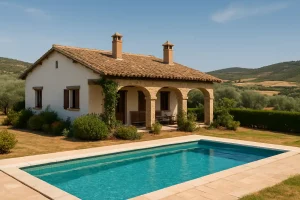 Vista de una vivienda rústica con piscina rodeada de naturaleza, hipotecada en Córdoba en 2025