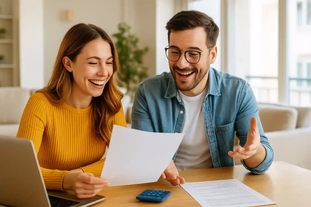 Pareja joven revisando seguros obligatorios para hipoteca en España con ayuda profesional