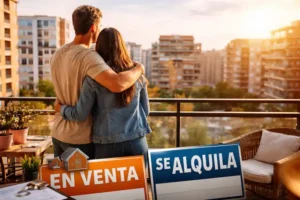 Pareja joven mirando edificios desde una terraza mientras compara comprar o alquilar vivienda en 2026