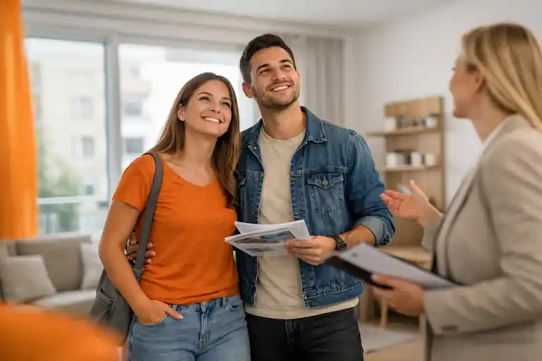 Pareja joven durante la visita a una vivienda con asesora inmobiliaria