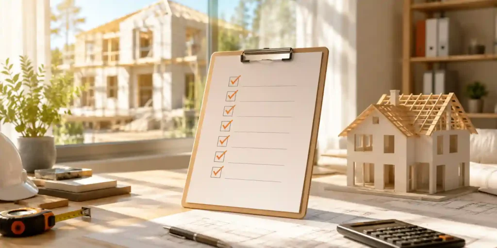Checklist hipoteca autopromotor con pareja revisando planos de una vivienda en construcción