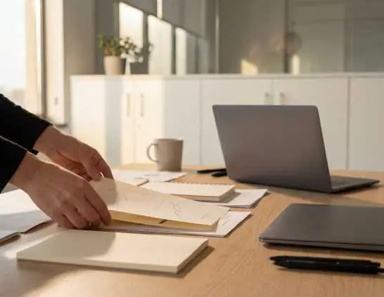 Asesora revisando una carpeta con documentos para estudiar una hipoteca