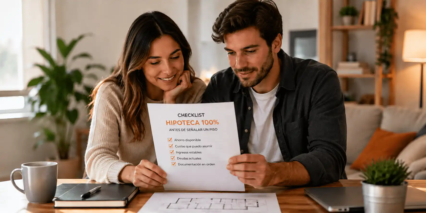 Pareja revisando una checklist de hipoteca antes de señalar un piso