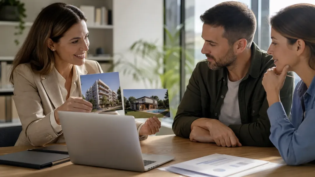 Personas revisando una compra de vivienda con un asesor